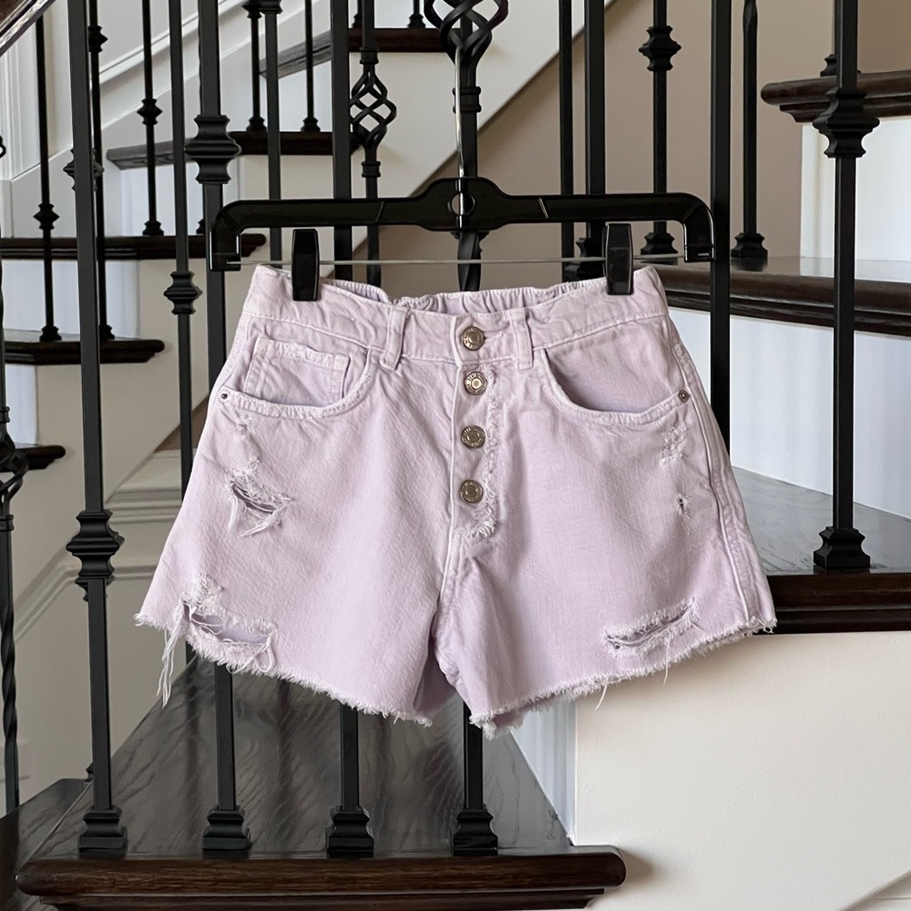Zara Girls Pastel Purple Denim Shorts Distressed Snap Button Front Sz 9/10 - Picture 9 of 16